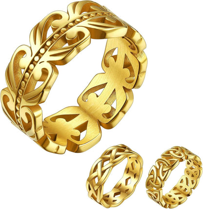 Celtic Rings in Three Classic Style, Solid Stainless Steel Band Ring in Gold/Silver/Black Tone, Simple Celtic Knot Eternity Finger Ring for Friendnship Wedding Engagement Promise - WORLD TIME VISITS