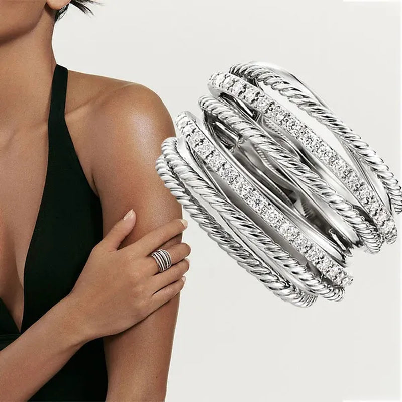 Luxury Fashion Exquisite 925 Sterling Silver Multilayer Cross Dazzling White Crystal Hollow Design Ring Women Engagement Wedding Diamond Rings Jewelry Gift