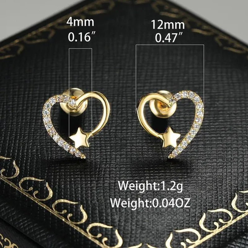 14K Gold Love Heart Star White Zircon Stud Earrings for Women Wedding Engagement Bride Jewelry Gift