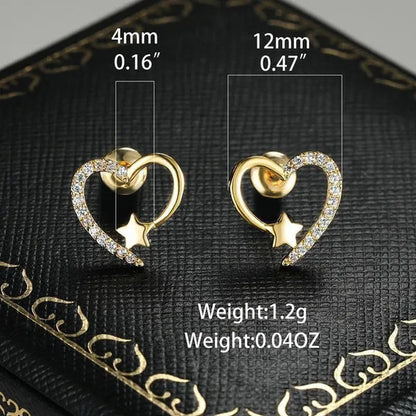 14K Gold Love Heart Star White Zircon Stud Earrings for Women Wedding Engagement Bride Jewelry Gift