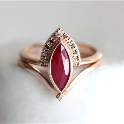 1PC Rose Gold Natural Rhombus 2 In 1 Ruby Engagement Ring Marquise Bridal Wedding Ring with Black Diamonds Women Ruby Ring Diamond Fine Jewelry