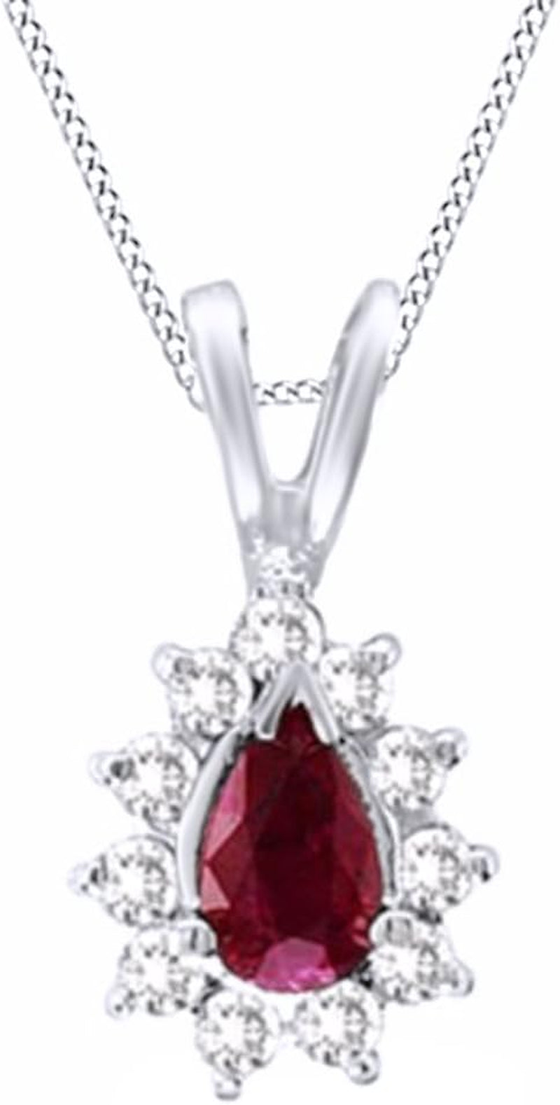 Pear Simulated Ruby & Natural Diamond Sunburst Frame Pendant 14K Solid Gold - WORLD TIME VISITS