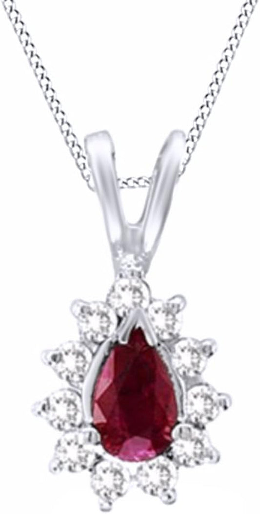 Pear Simulated Ruby & Natural Diamond Sunburst Frame Pendant 14K Solid Gold - WORLD TIME VISITS
