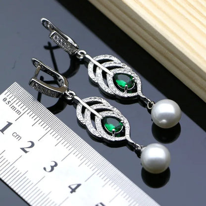 925 Sterling Silver Bridal Jewelry Sets Green Emerald with Pearls Beads Women Wedding Earrings/Pendant/Necklace/Ring/Bracelet