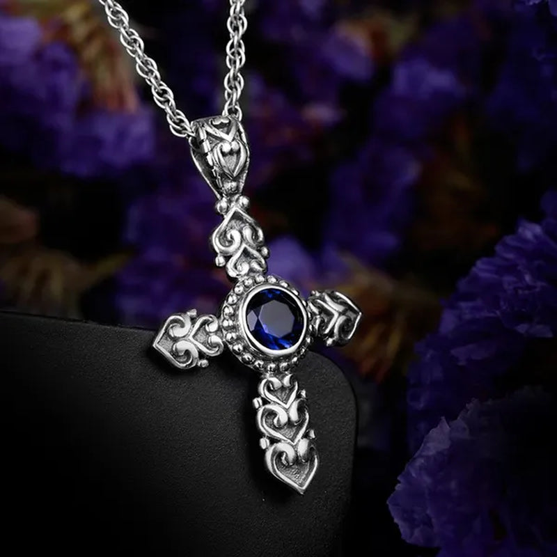 Cross Blue Sapphire Vintage Pendant for Women and Men Antique 925 Sterling Silver Dangle Pendant