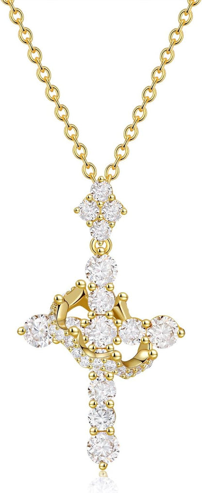 Upgraded Moissanite Crown Cross Necklace 14K Gold Vermeil 1.1 Carats Dainty Iced Out Christian Faith Cross Jewelry S925 Sterling Silver Simple Gold Moissanite Cross Pendant Necklace for Women