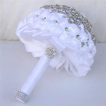 21CM Creative Handmade Diamond Flower Brooch Bouquet Ribbon Silk Rose Wedding Flower Bridal Bouquet Bridesmaid Holding Flowers
