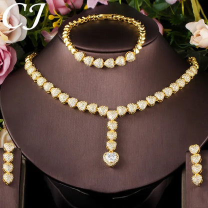CANDICE Romantic Heart Charm Drop Necklace Earrings Bracelet Set with Cubic Zirconia Gold Filled Women Ethiopian Jewelry Set for Banquet Party