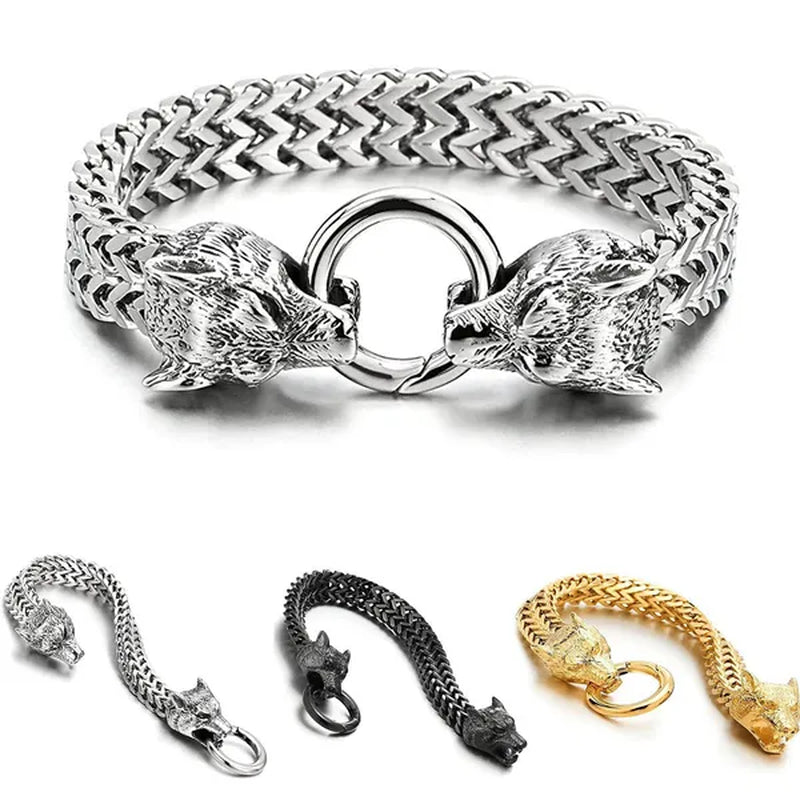 Rock Wolf Charm Bracelet Men's Stainless Steel Mesh Chain Punk Bracelets Biker Jewelry