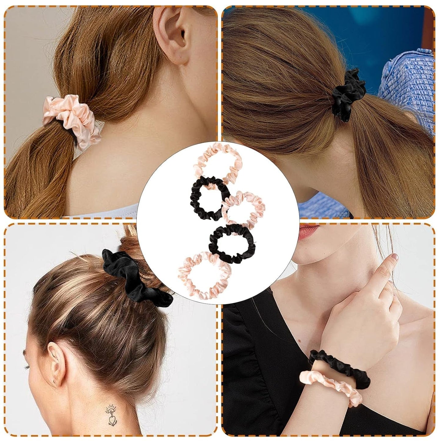 12Pcs Satin Elastic Hair Scrunchies, Silk Satin Hair Ties Elastics Ponytail Holders for Women Girls Valentine'S Day Gifts (Blush,Black)