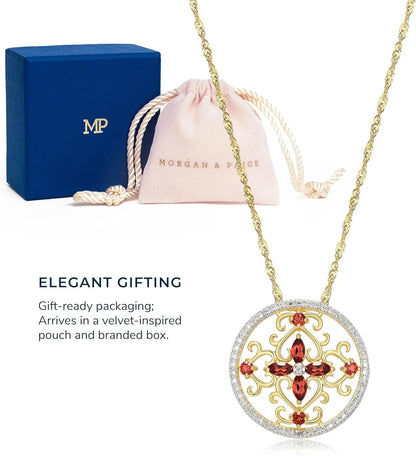 18K Yellow Gold-Plated .925 Sterling Silver Diamond-Accented Gemstone Floral Filigree Cross round 1" Pendant Necklace on 18" Chain - Choice of Birthstones