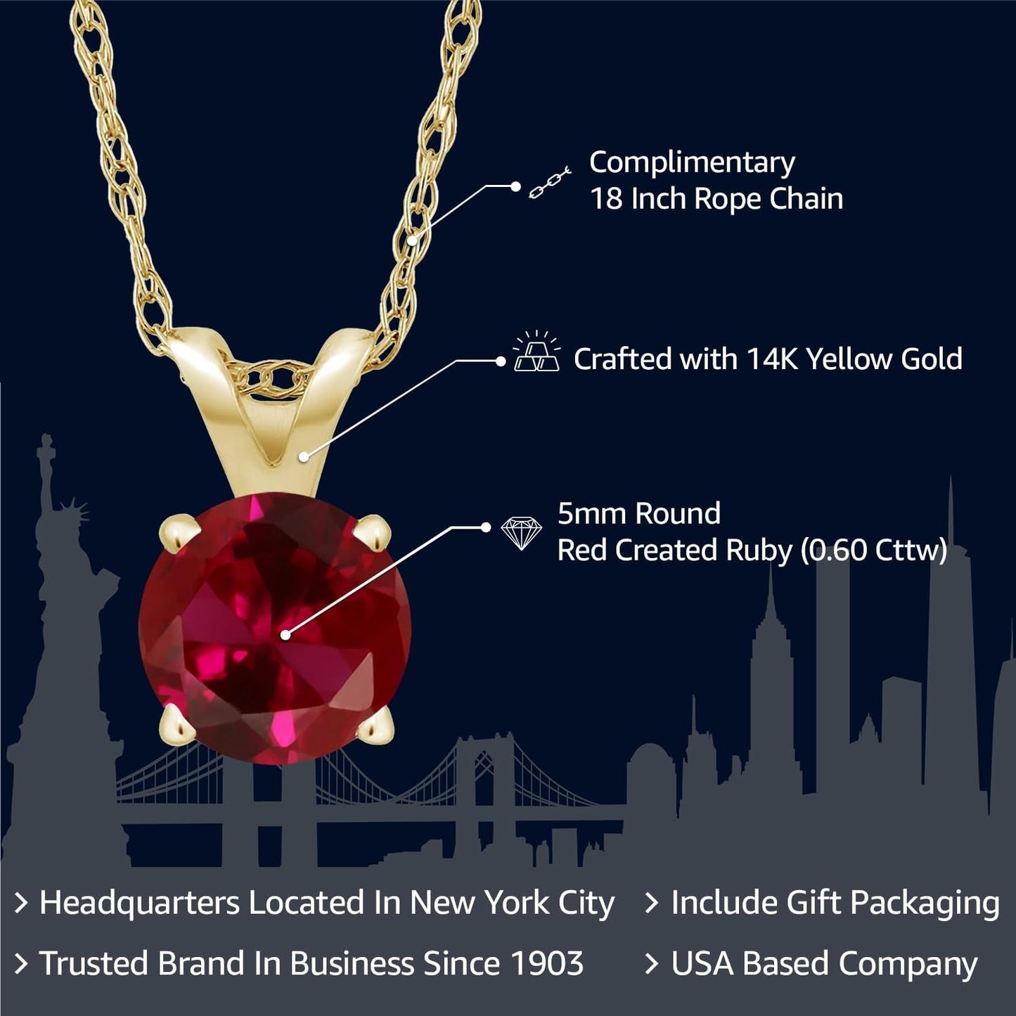 14K Yellow Gold round 5MM Gemstone Birthstone Solitaire Pendant Necklace | Gold Necklace for Women | with 18 Inch 14K Yellow Gold Chain | Fine Jewelry Gifts for Her Mom Women Wife