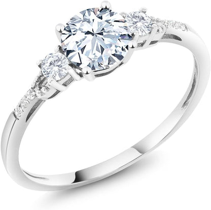 10K White Gold 6MM round Gemstone Birthstone White Created Sapphire & White Diamond Accent 3-Stone Engagement Ring | Three-Stone Wedding Anniversary Promise Ring for Women