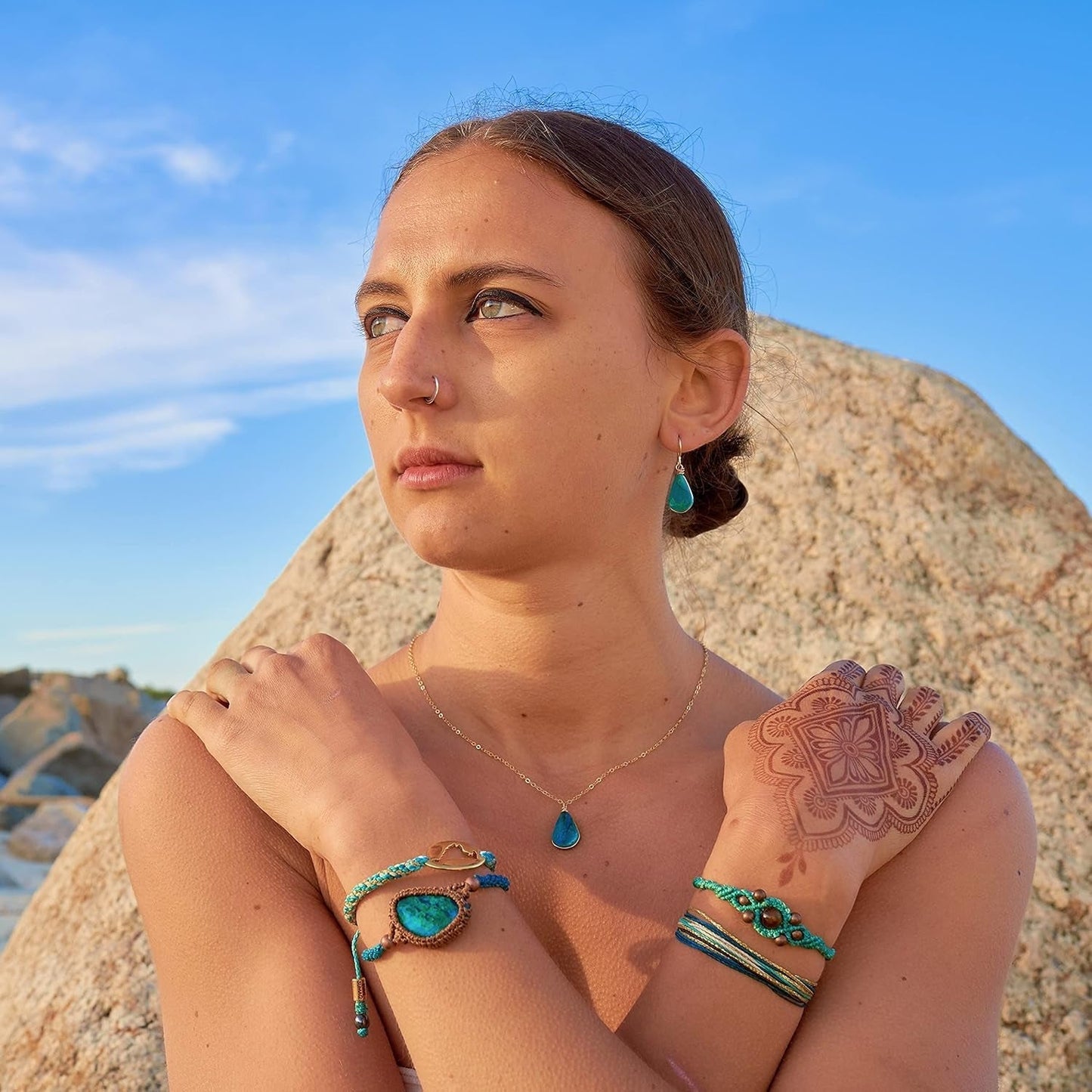 Chrysocolla Earrings Gold Filled Wire Wrap Dangle Blue Green Teardrop Stones - Handmade Healing Crystal Gemstone Jewelry Gift for Women by