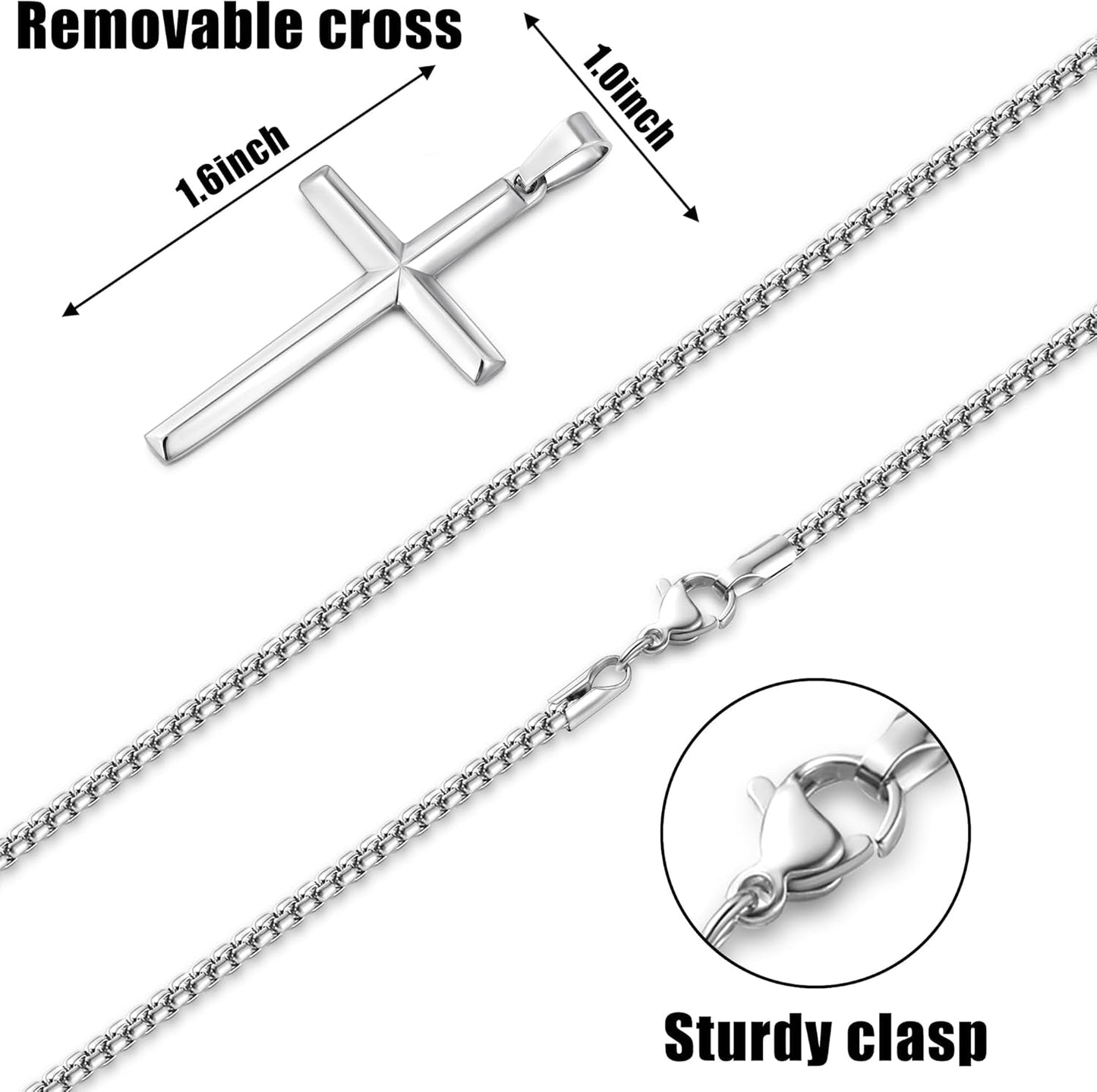 Beveled Edge Cross Necklace for Men, Silver Tone/Black/14K Gold Plated Mens Cross Necklace, 2.5MM Stainless Steel Box Chain with Pendant