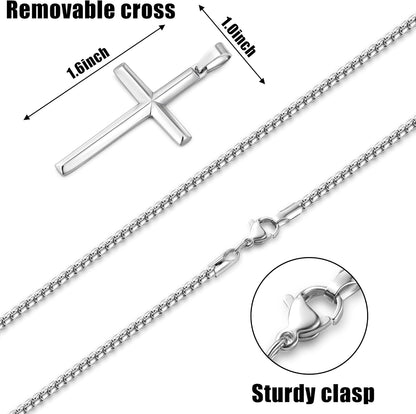 Beveled Edge Cross Necklace for Men, Silver Tone/Black/14K Gold Plated Mens Cross Necklace, 2.5MM Stainless Steel Box Chain with Pendant
