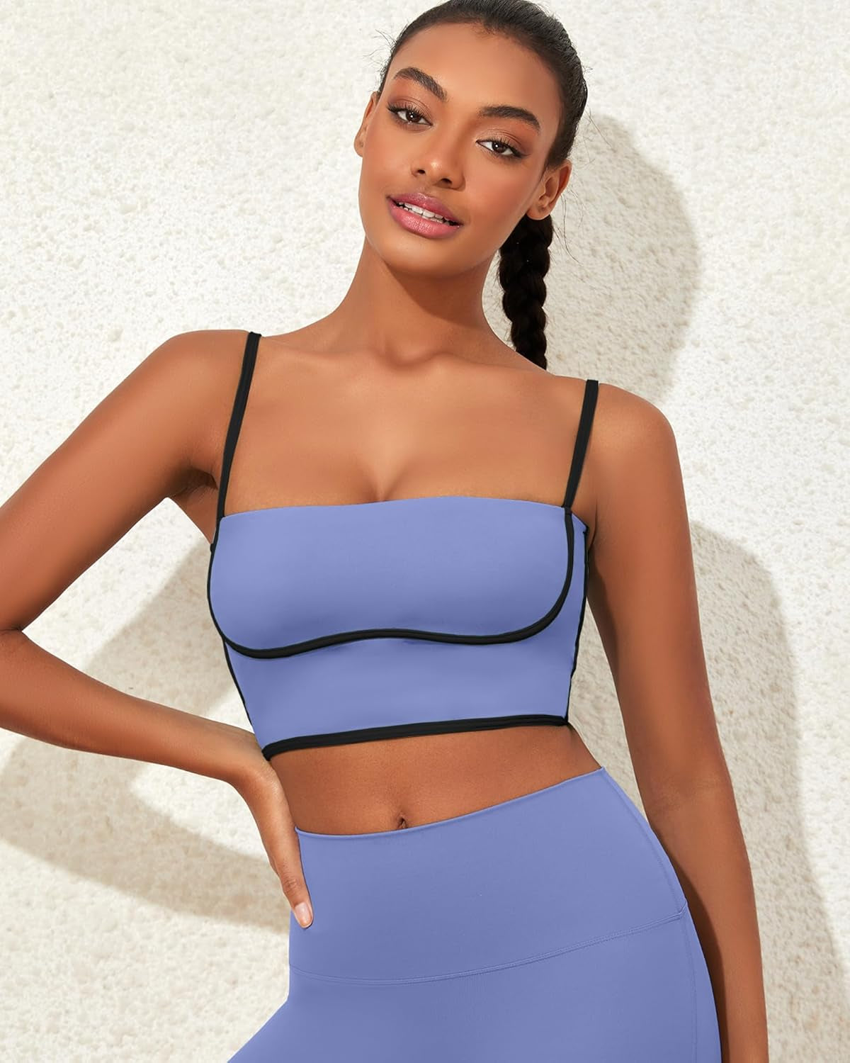 Womens Workout Tank Tops Square Neck Longline Sports Bra Support Crop Yoga Top Spaghetti Strap Built in Bras