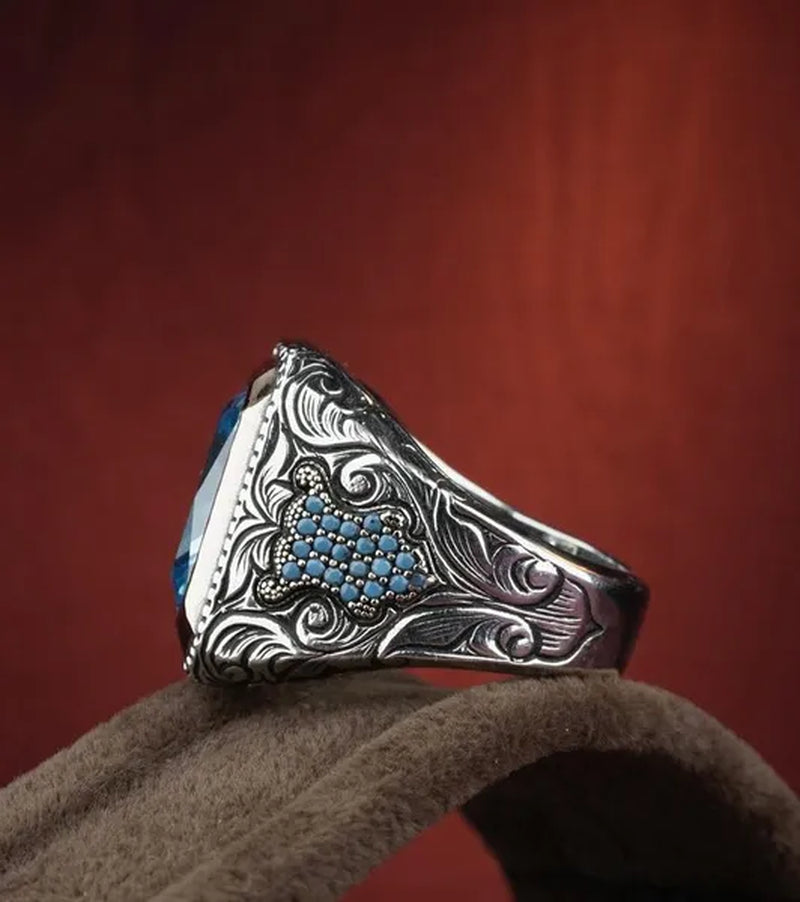 Classic Fashion Men's Ring Cutting 4.6 Carat Blue Stone Ring Noble Family Engagement Anniversary Gift Size 6-13