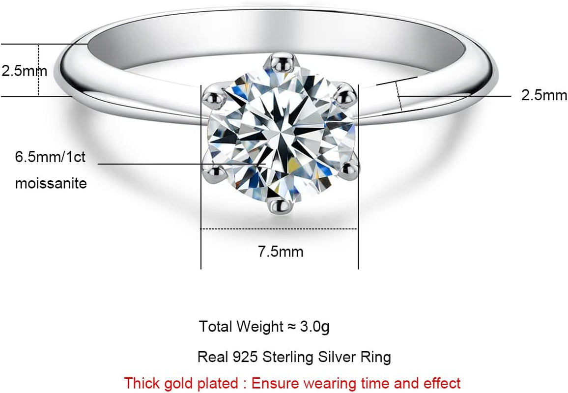 1/2/3/5CT Six Prong Solitaire Moissanite Ring, Thickened Gold Plated Silver, Gift for Wedding, Engagement and Anniversary with Certificate