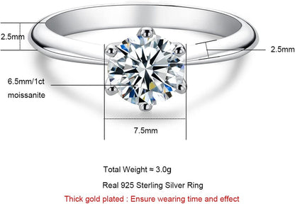 1/2/3/5CT Six Prong Solitaire Moissanite Ring, Thickened Gold Plated Silver, Gift for Wedding, Engagement and Anniversary with Certificate
