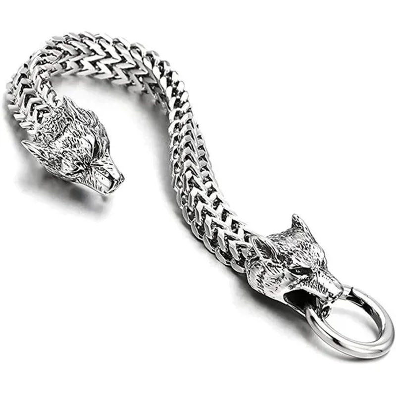 Rock Wolf Charm Bracelet Men's Stainless Steel Mesh Chain Punk Bracelets Biker Jewelry