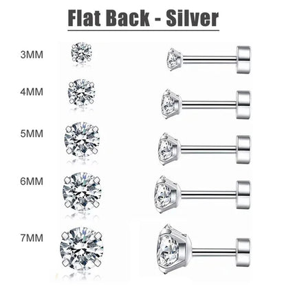 5 Pairs/Set Stainless Steel Mens Womens Stud Earrings Set round Cubic Zirconia Flat Back Earrings Piercing Ear Cartilage Hypoallergenic Men'S Earrings 3-7Mm