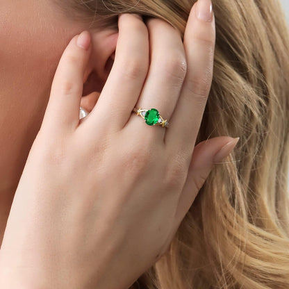 10K Yellow Gold and 925 Sterling Silver Green Nano Emerald and Lab Grown Diamond Engagement Ring for Women | 0.83 Cttw | Oval 8X6MM | Size 5-9