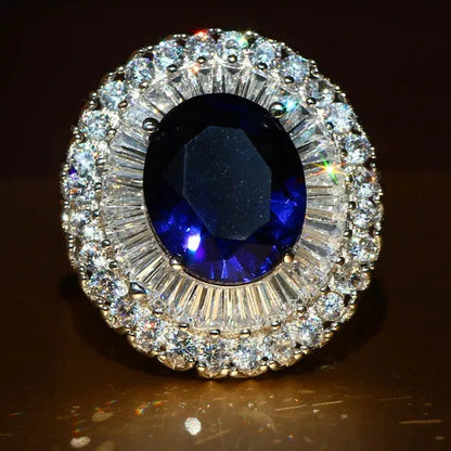 Elegant  Silver Sapphire & White Sapphire Birthstone Gemstones Engagement Wedding Anniversary Ring Size 6 7 8 9 10