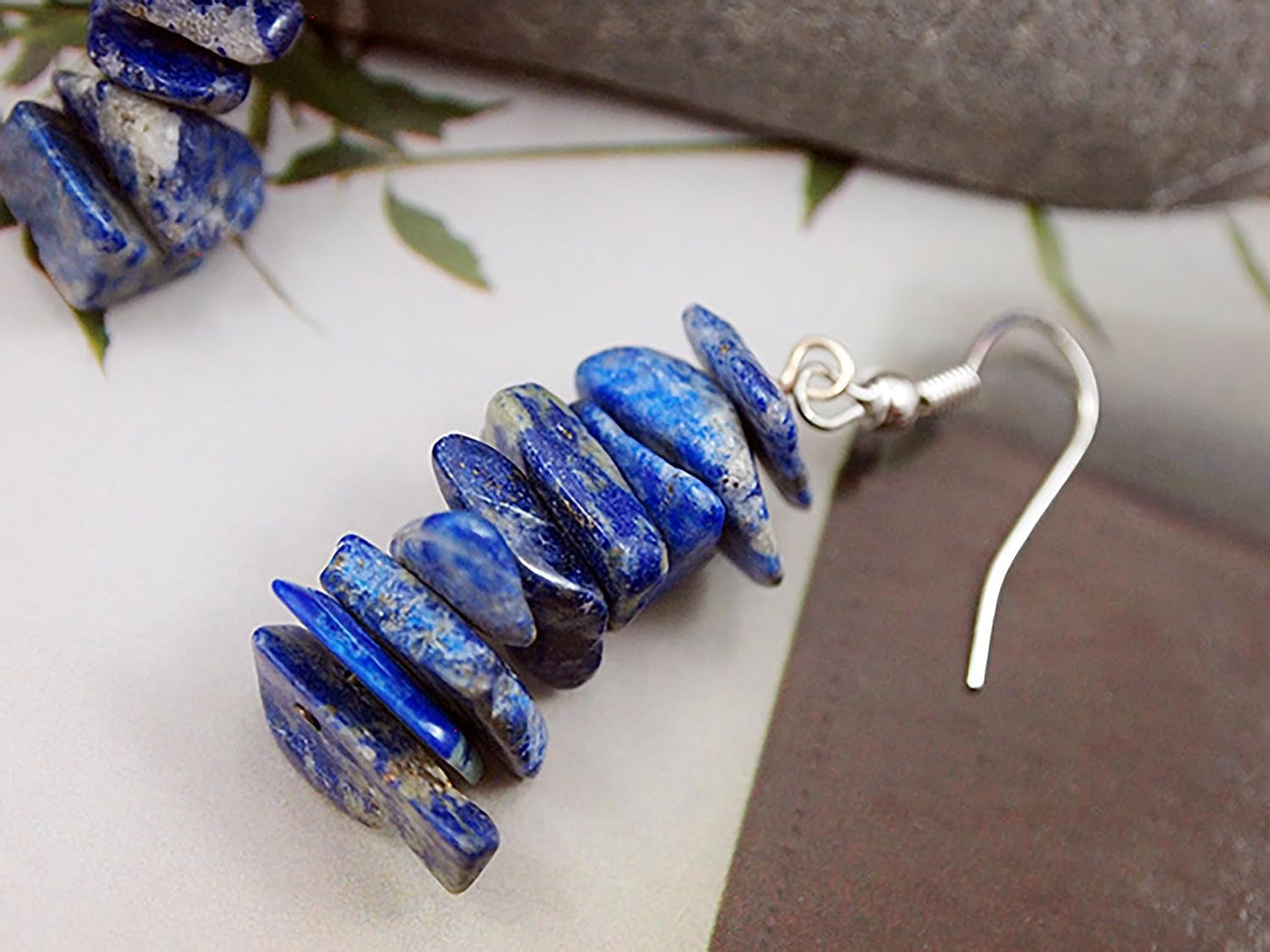 Lapis Lazuli Tumbled Stone Earrings Stacked Small Dangle Raw Crystal Earrings Lightweight Everyday Drop Earrings Blue Stone Dangling Earrings Birthstone Anniversary Gift (Silver + Lapis Lazuli)