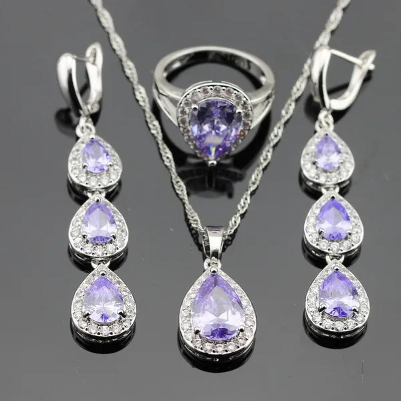 Water Drop Purple Amethyst White Topaz Zircon 925 Silver Wedding Jewelry Sets Necklace Pendant Long Earrings Rings for Women - WORLD TIME VISITS