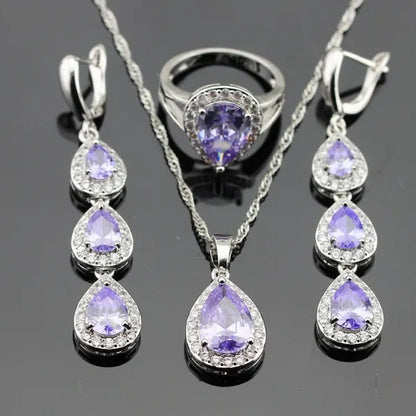 Water Drop Purple Amethyst White Topaz Zircon 925 Silver Wedding Jewelry Sets Necklace Pendant Long Earrings Rings for Women - WORLD TIME VISITS