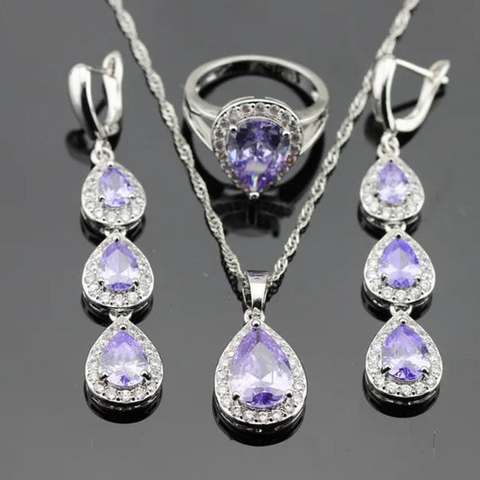 Water Drop Purple Amethyst White Topaz Zircon 925 Silver Wedding Jewelry Sets Necklace Pendant Long Earrings Rings for Women - WORLD TIME VISITS