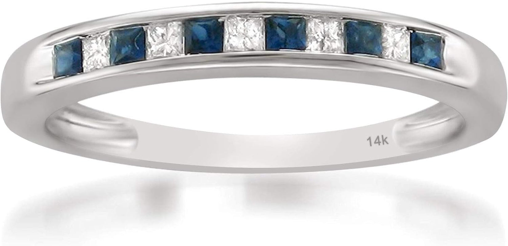 1/3 Carat Diamond, Channel-Set 14K White Gold Princess Cut Diamond and Blue Sapphire Wedding Band Ring (H-I, I1-I2) Natural Diamond Wedding Band for Women | Gift Box Included - WORLD TIME VISITS