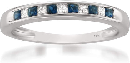 1/3 Carat Diamond, Channel-Set 14K White Gold Princess Cut Diamond and Blue Sapphire Wedding Band Ring (H-I, I1-I2) Natural Diamond Wedding Band for Women | Gift Box Included - WORLD TIME VISITS