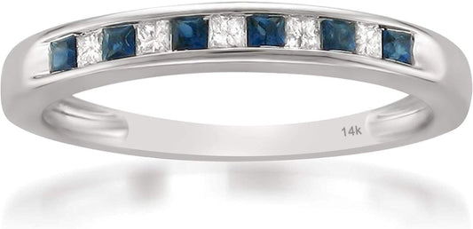 1/3 Carat Diamond, Channel-Set 14K White Gold Princess Cut Diamond and Blue Sapphire Wedding Band Ring (H-I, I1-I2) Natural Diamond Wedding Band for Women | Gift Box Included - WORLD TIME VISITS