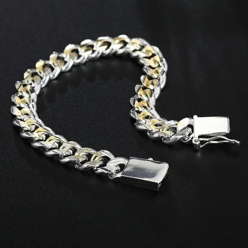 925 Silver Gold Two-Color Personality Men'S 10M Side Chain Bracelet Jewelry Gift - WORLD TIME VISITS