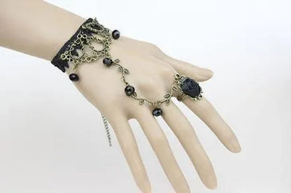 Victorian Style Black Lace Floral Rose Flower Link Chain Slave Bracelet Ring Set Goth
