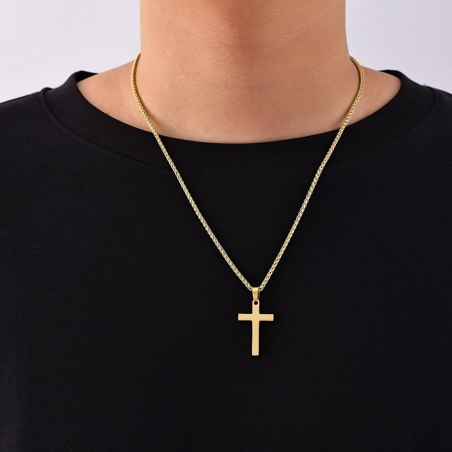 Cross Necklace for Men, Silver Tone/Gold Plated/Black Mens Cross Necklaces with 2.5Mm Chain, Stainless Steel Wheat Chain, 16-24 Inch - WORLD TIME VISITS