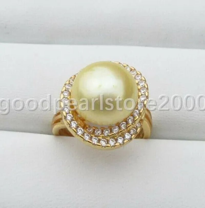 Charming 12-13mm South Sea Genuine Yellow Pearl Ring Size Adjustable