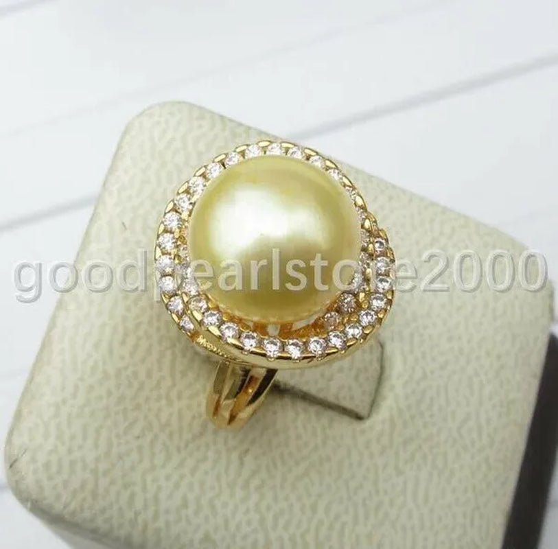 Charming 12-13mm South Sea Genuine Yellow Pearl Ring Size Adjustable