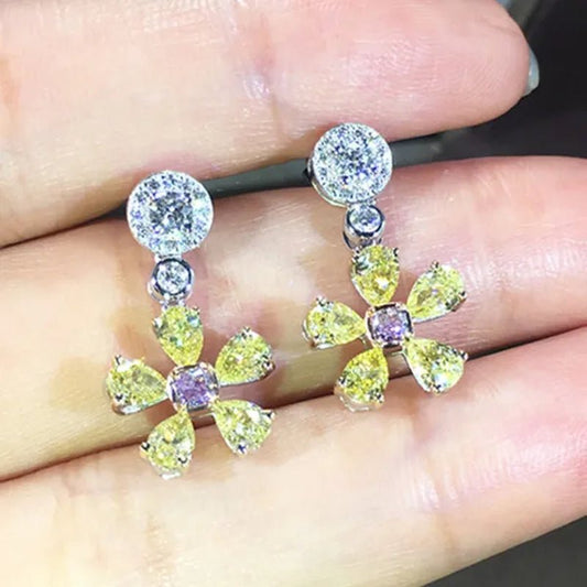 Charming Citrine Topaz Flower Dangle Earrings for Women Party Silver Plated Diamond Earrings Jewelry Gifts - WORLD TIME VISITS