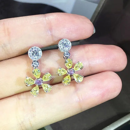 Charming Citrine Topaz Flower Dangle Earrings for Women Party Silver Plated Diamond Earrings Jewelry Gifts