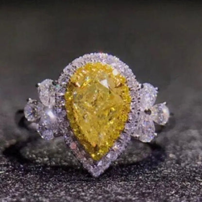 Charming Teardrop Shaped Citrine Rings Side Shiny Diamond Stone Rings for Women Personality Luxury Party Banquet Jewelry Bridal Wedding Fine Rings - WORLD TIME VISITS
