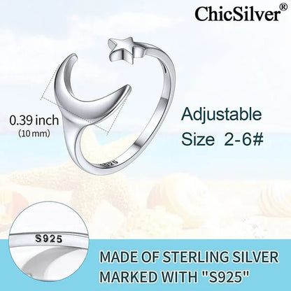 ChicSilver Moon and Star Toe Ring for Women 925 Sterling Silver Hypoallergenic Adjustable Toe Ring Band Women Beach Foot Jewelry