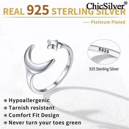 ChicSilver Moon and Star Toe Ring for Women 925 Sterling Silver Hypoallergenic Adjustable Toe Ring Band Women Beach Foot Jewelry