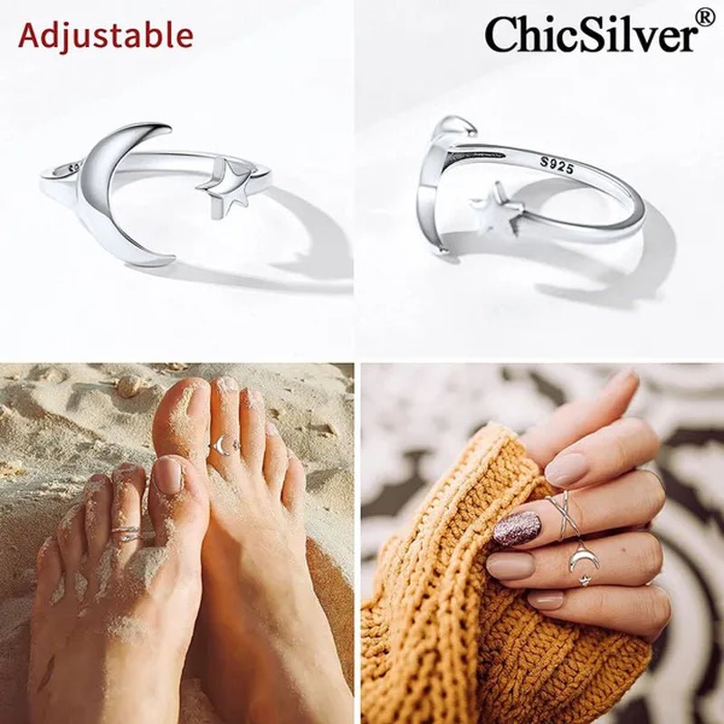 ChicSilver Moon and Star Toe Ring for Women 925 Sterling Silver Hypoallergenic Adjustable Toe Ring Band Women Beach Foot Jewelry - WORLD TIME VISITS