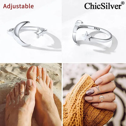 ChicSilver Moon and Star Toe Ring for Women 925 Sterling Silver Hypoallergenic Adjustable Toe Ring Band Women Beach Foot Jewelry - WORLD TIME VISITS
