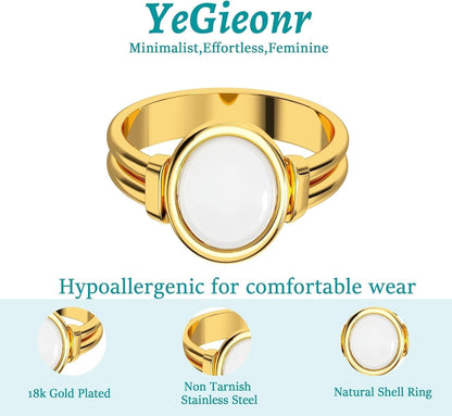 Chunky Gold Signet Rings for Women, Pearl Ring with Non Tarnish Stainless Steel, 18K Gold Plated Shell Ring, Statement Trendy Jewelry (7)