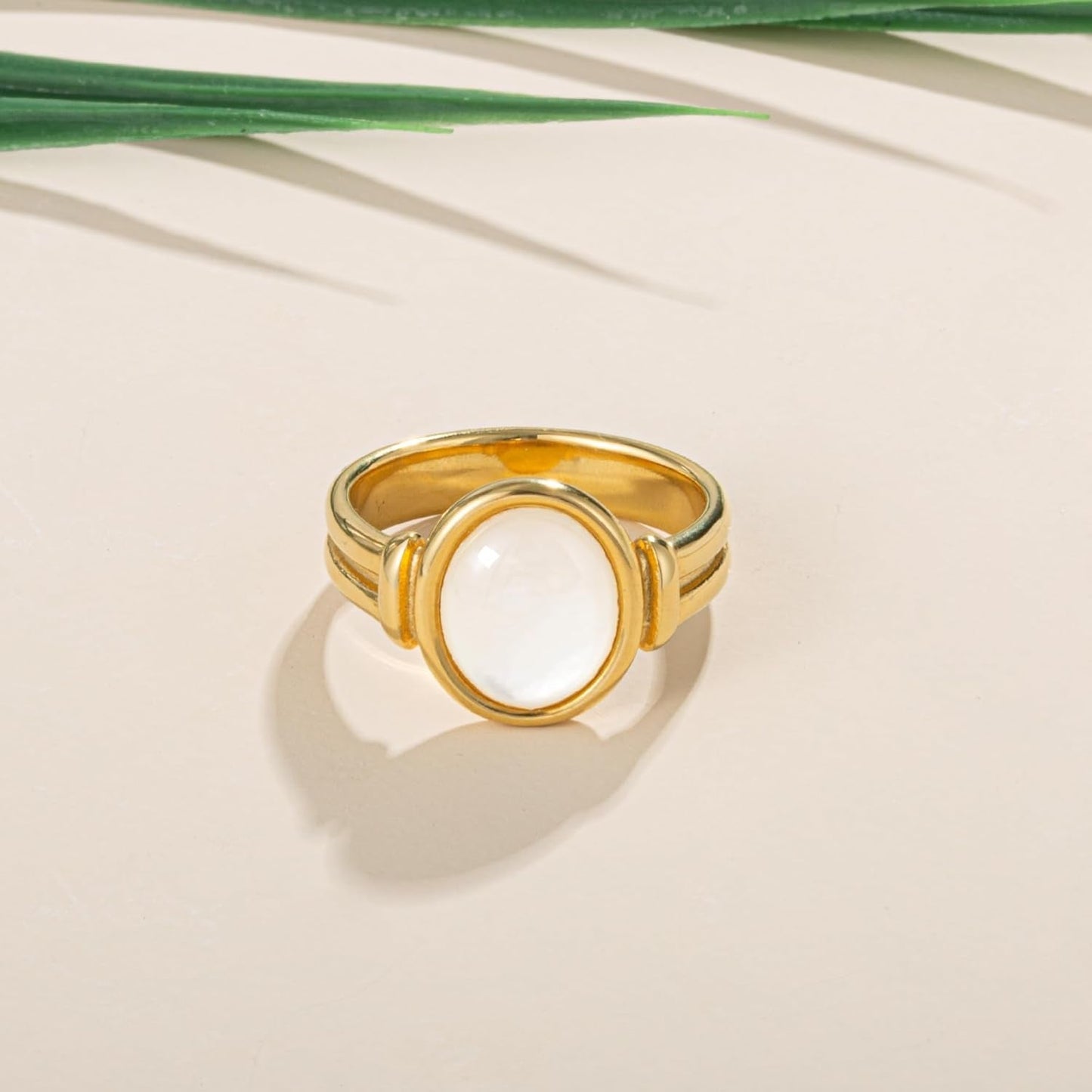 Chunky Gold Signet Rings for Women, Pearl Ring with Non Tarnish Stainless Steel, 18K Gold Plated Shell Ring, Statement Trendy Jewelry (7)