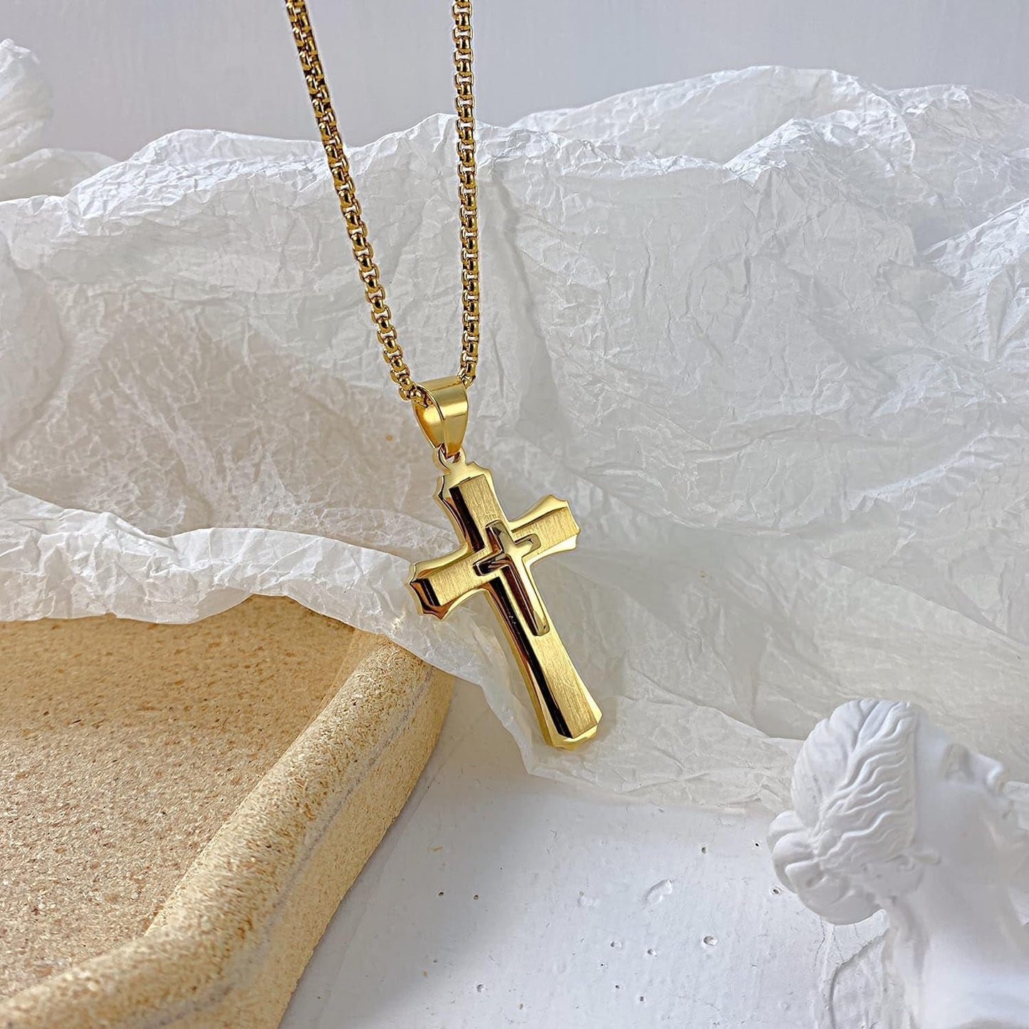 Classic Cross Necklace for Men Simple Cross Silver Black Gold Stainless Steel Christ Crucifix Pendant Necklace Religious Jewelry Gift Box Chain 21.6 Inches